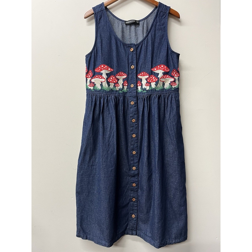 Dangerfield Mushroom Embroidered Denim Dress NWT Size 12 Cottagecore Med Lg